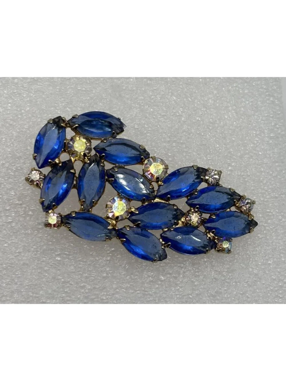 Vintage Blue Navette and Clear Prong-Set Rhinestone Brooch Open Back, Not Signed